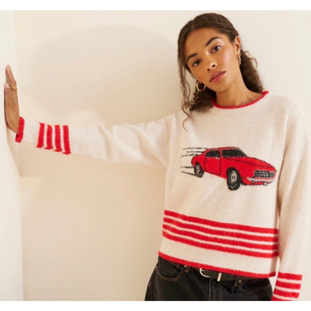 Flat White Intarsia Car Pullover Sweater 2X $98 Retail
